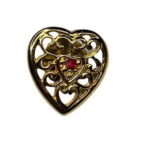 Vintage Harriet Carter Genuine Ruby & Gold Filagree Heart Pin